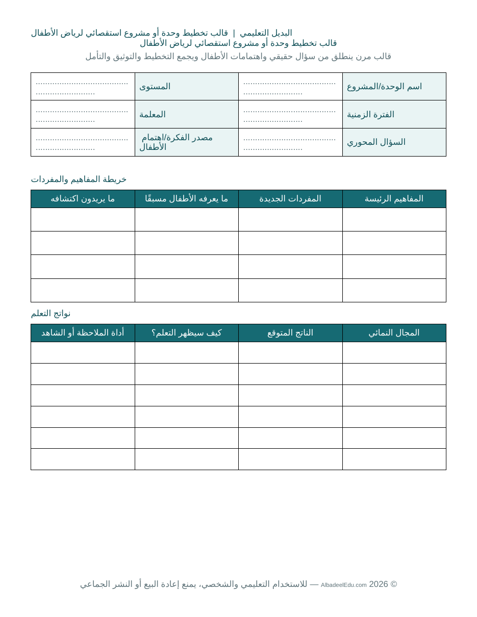 قالب تخطيط وحدة أو مشروع استقصائي
