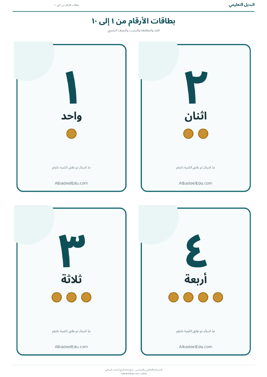 بطاقات الأرقام من 1 إلى 10